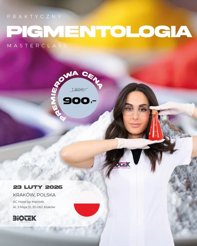 MASTERCLASS PIGMENTOLOGIA z Francescą Froio – po raz pierwszy w Polsce! 🇮🇹

📅 23 lutego 2026
📍 Kraków – AC Hotel by Marriott

Czego się nauczysz? 👇
🔬 Sekretów pigmentów – jak skład i formuła wpływają na efekt i trwałość.
🎨 Doboru pigmentów do każdej techniki i typu skóry.
🖌️ Korekty niepożądanych odcieni (od szarości po czerwienie).
🧪 Mieszania i tworzenia własnych pigmentów.

Co zawiera cena?
📘 Podręcznik szkoleniowy
🧴 Zestaw do pracy z pigmentami
📜 Certyfikat BIOTEK
💎 Specjalne ceny na produkty
☕️ 🍽️  Przerwa kawowa i Lunch 
🏨 Rabat 10% na nocleg w AC Hotel by Marriott 

🔥 Cena premierowa: tylko 900zł zamiast 1800zł!

👉 Liczba miejsc ograniczona – zapisz się już dziś!

📲 WhatsApp: +48 516 160 740
🛒 https://krzysztofmajerski.com/pigmentologia
